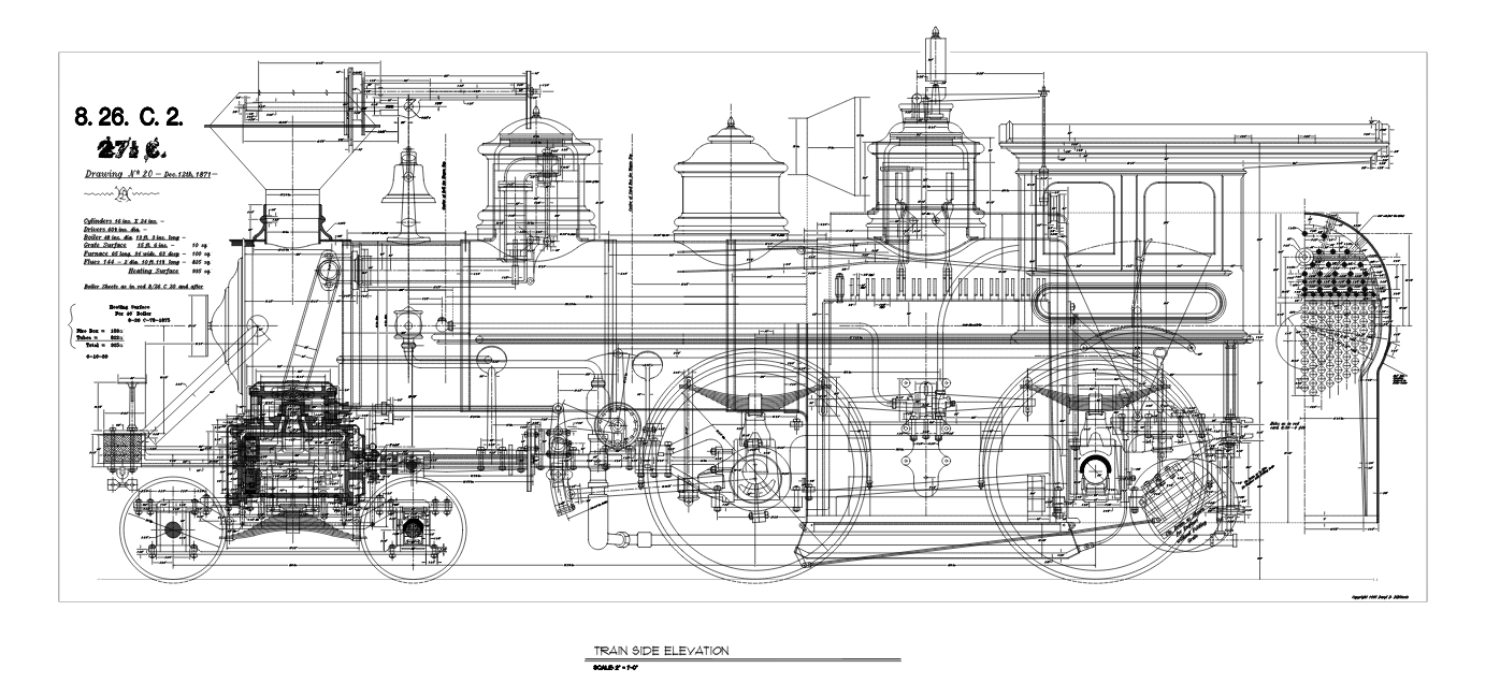 A drawing of an old steam engine.