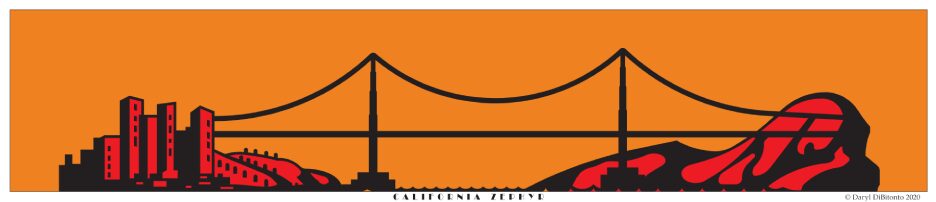 A picture of the california bridge with orange background.