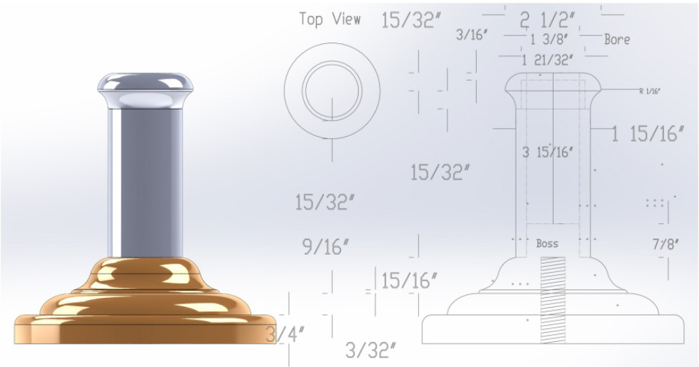 A drawing of the top view and measurements for a chess piece.