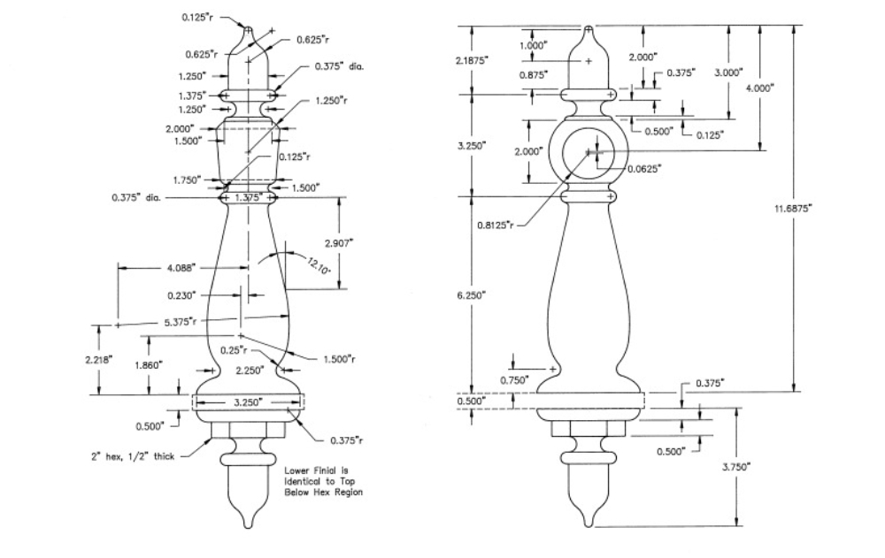 A drawing of the front and back of a wooden post.