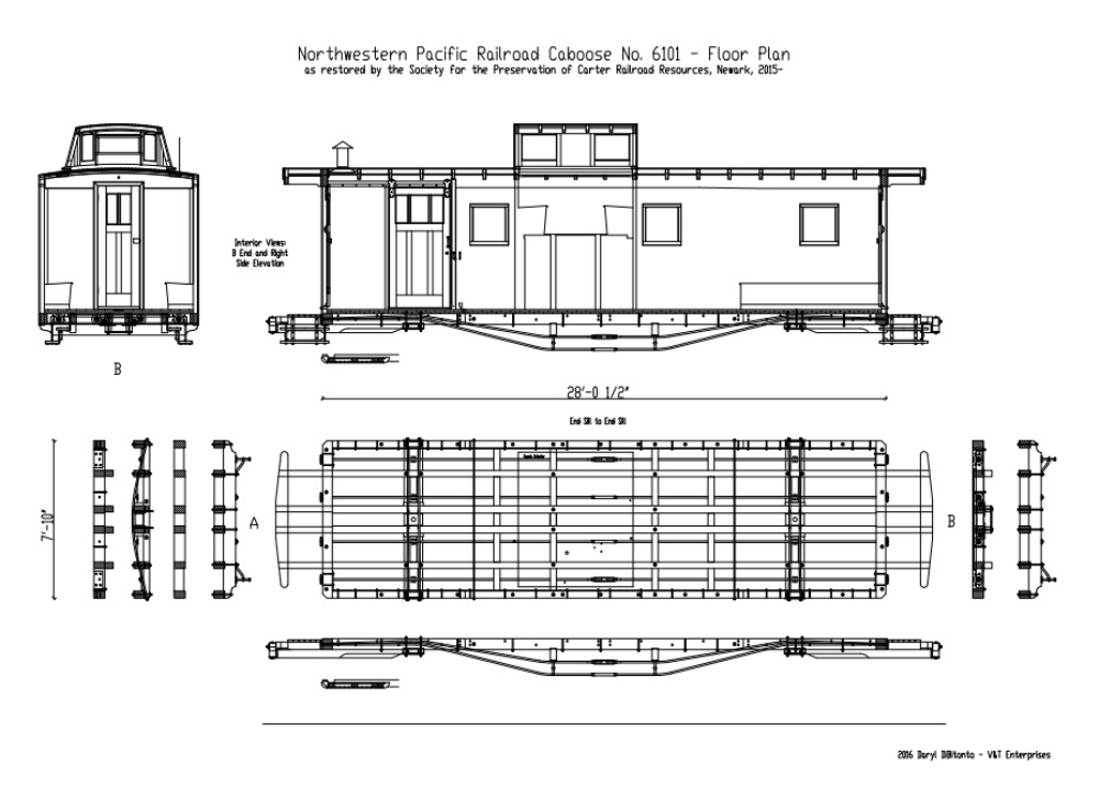 A drawing of the front and side elevations of an old train car.